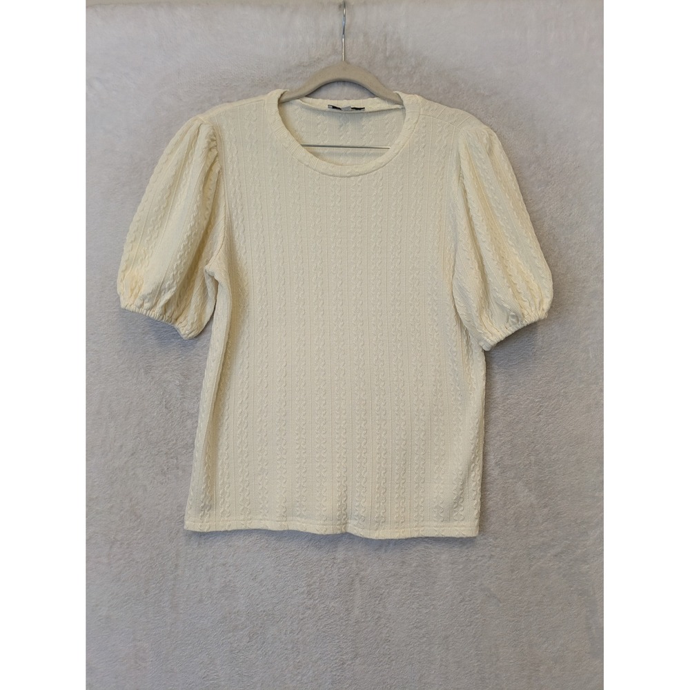 Polagram‎ Puff Sleeve Top Women's Size M Pale Yellow Cable Knit